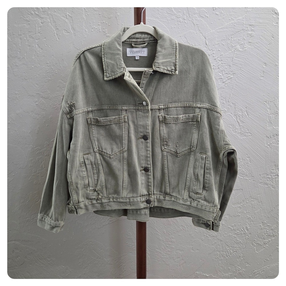 J92. Women's Faded Olive Distressed Denim Jacket